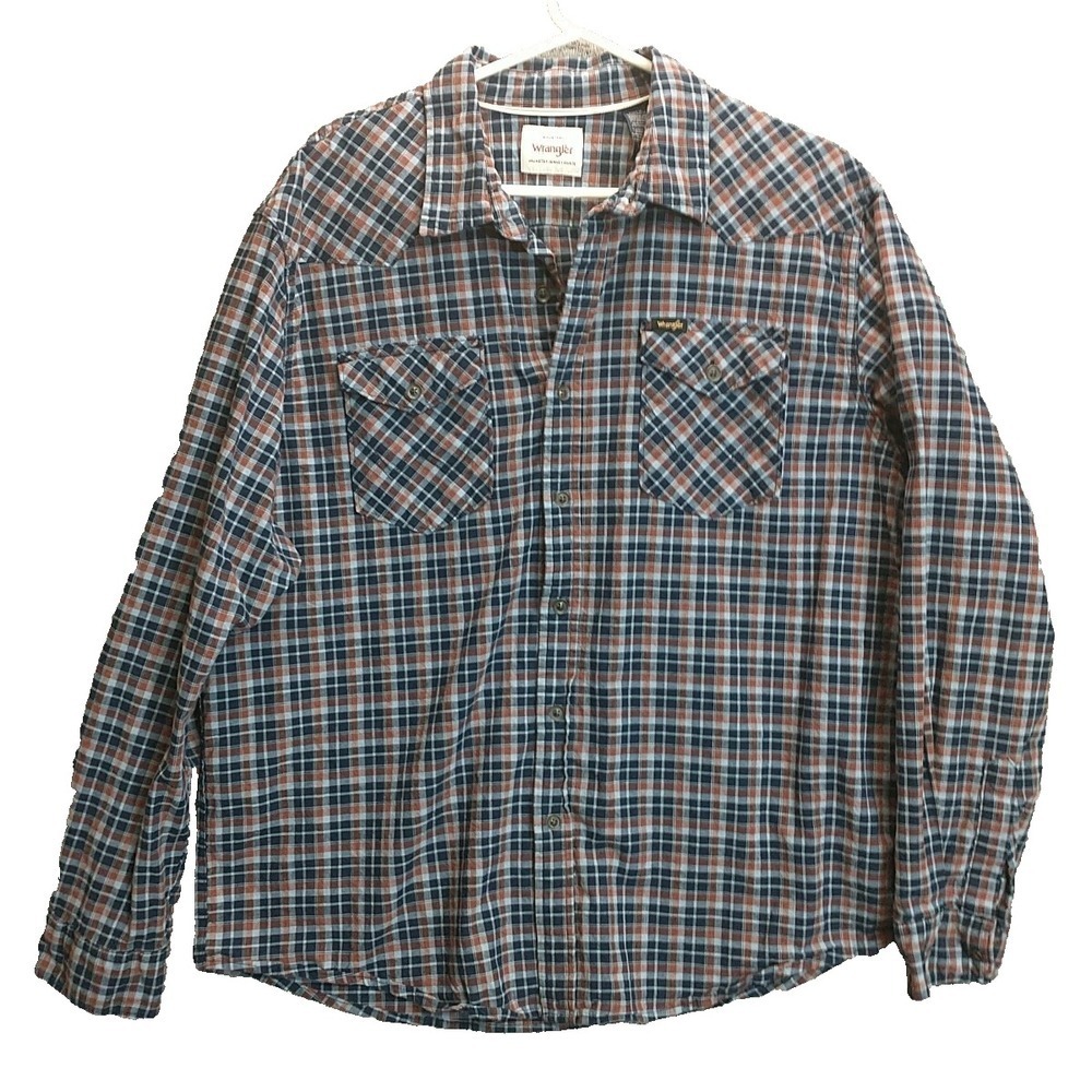 Wrangler Mens XL Plaid Button Down Shirt Western Yoke Navy Orange Long Sleeve